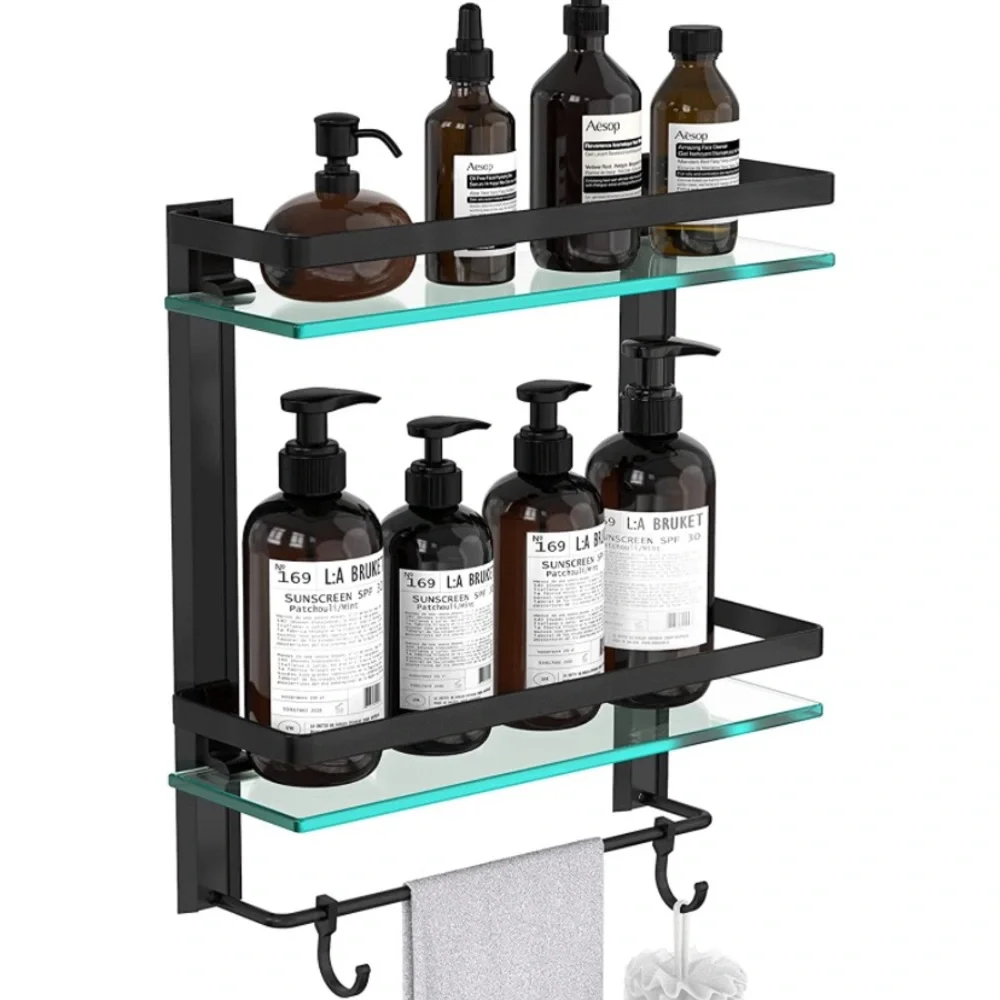 Tempered Glass Bathroom Shelf, 2 Tier Shelf with Towel bar Wall Mounted